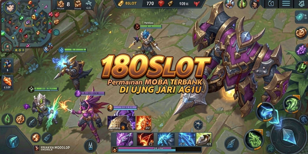 Tampilan gameplay seru dalam 180SLOT dengan pertarungan MOBA intens.