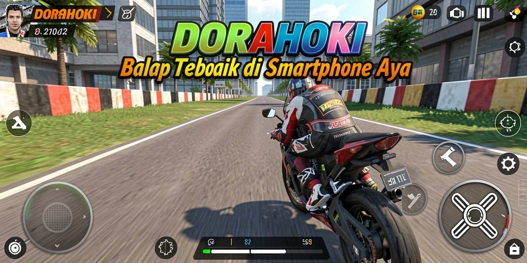 Gambaran gameplay DORAHOKI dengan balapan motor yang seru.