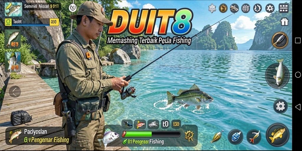 Tangkapan layar gameplay <strong>DUIT8</strong> menunjukkan serunya pengalaman memancing yang menakjubkan.