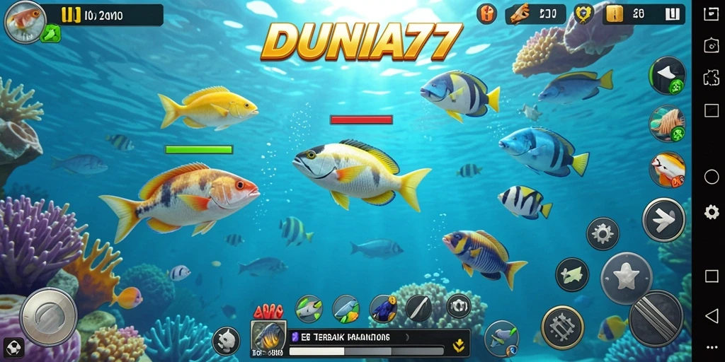 Screenshot gameplay DUNIA77 dengan aksi menembak ikan yang seru.