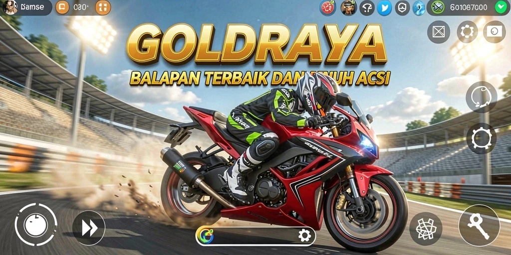 Tampilan gameplay <strong>GOLDRAJA</strong> yang mendebarkan dan penuh aksi balapan motor.