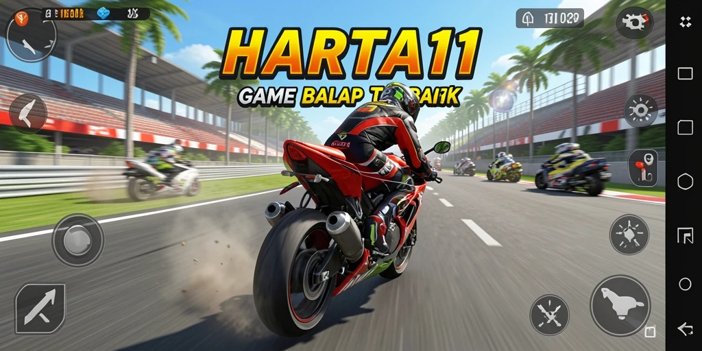 Gameplay seru HARTA11 dengan berbagai motor dan lintasan balap.
