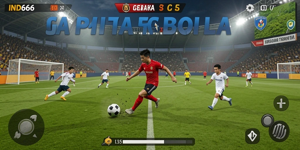 Screenshot utama menampilkan aksi pertandingan sepak bola yang mendebarkan.