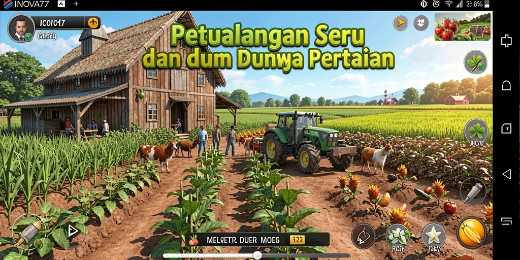Tampilan gameplay INOVA77 dengan berbagai tanaman dan aktivitas pertanian.