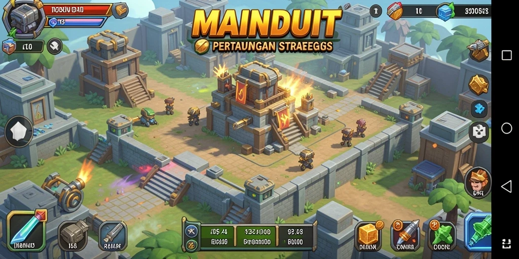 Tangkapan layar utama MAINDUIT menunjukkan pertempuran intens di dunia Tower Defense.