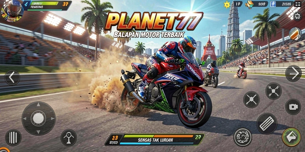 Tangkapan layar utama PLANET77 menampilkan aksi seru balapan motor.