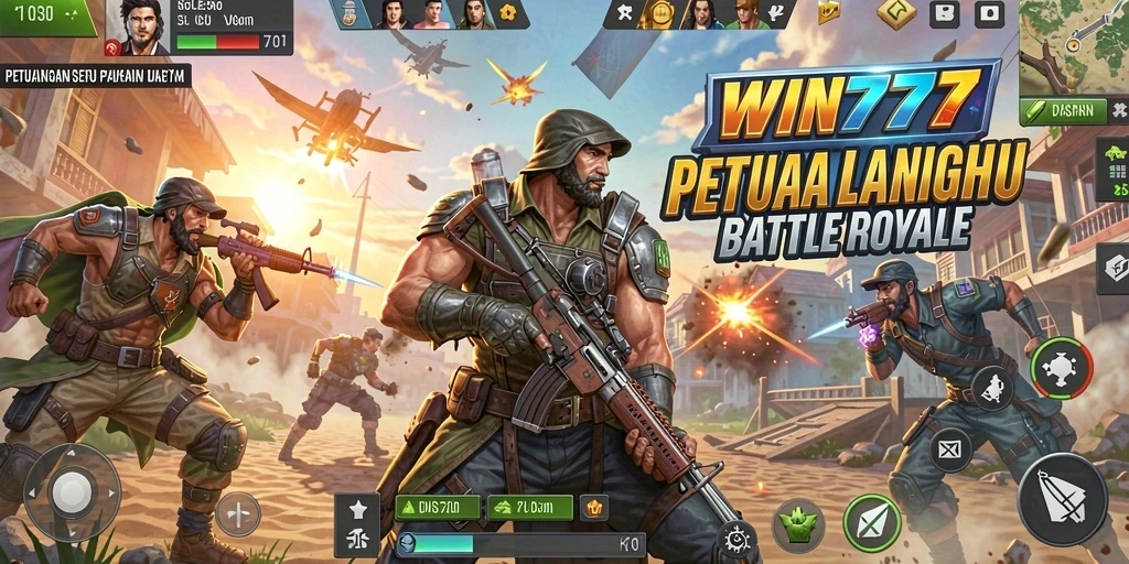 Screenshot gameplay WIN777 menunjukkan pertarungan seru dalam Battle Royale.