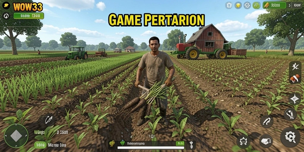 Tangkapan layar WOW33 menunjukkan gameplay pertanian yang seru dan interaktif.