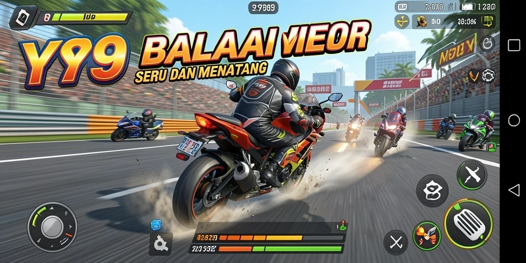 Tampilan gameplay seru di Y89 dengan sepeda motor balap.